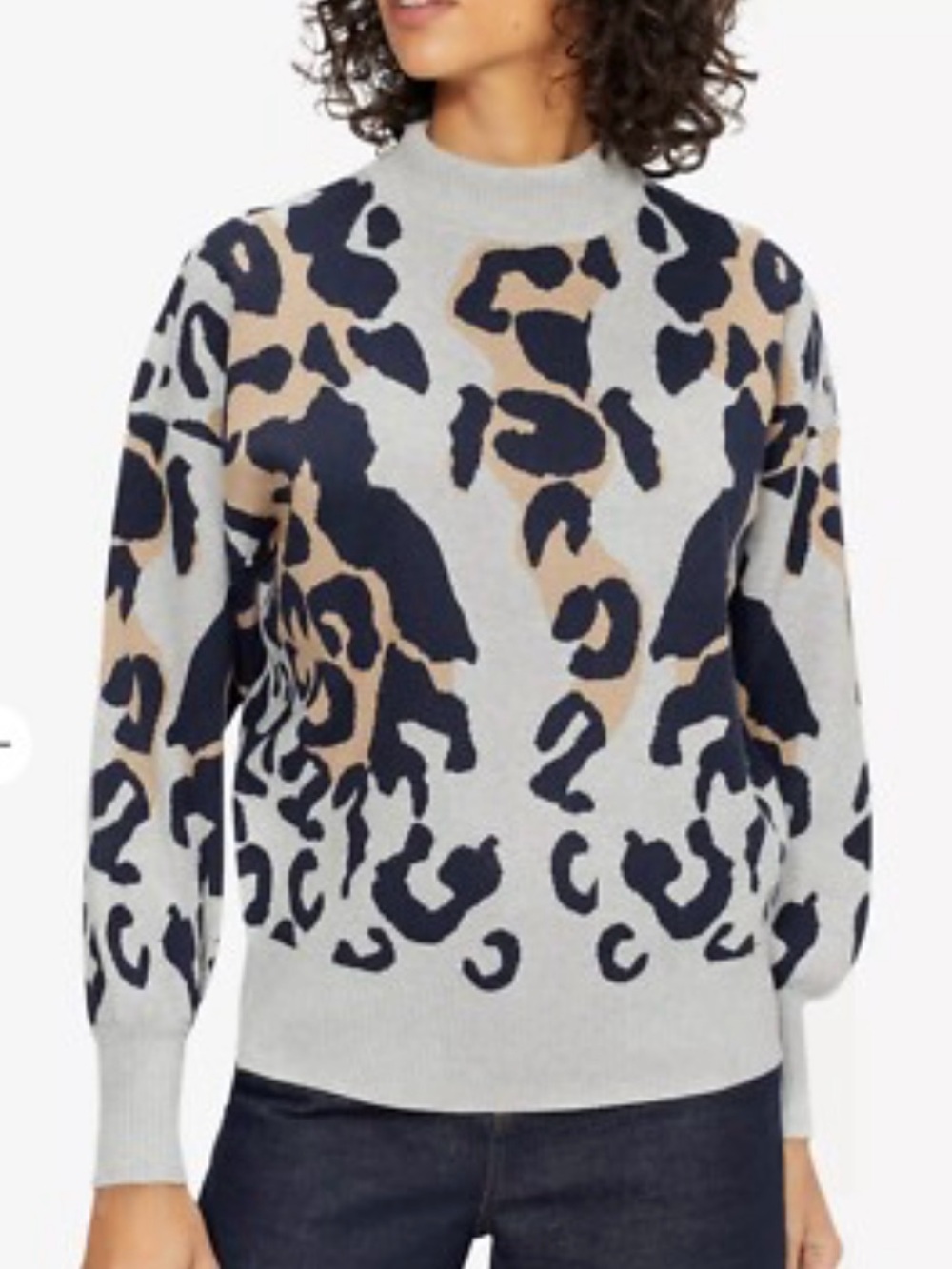 NWT Ted Baker Gray Leopard-Print Mock Neck Sweater with Navy & Tan